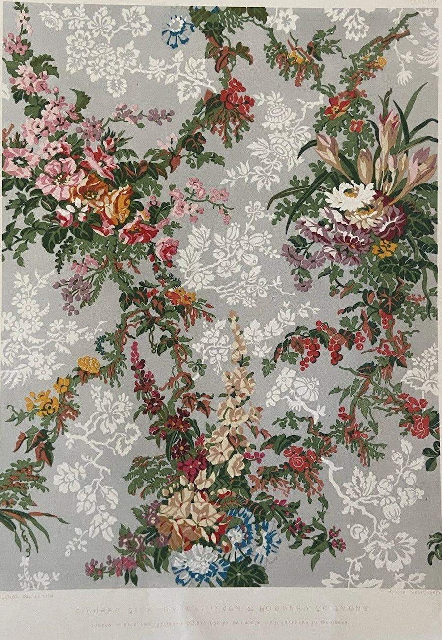 Antique Victorian Textile Print – Figured Silk Design by Mathevon & Bouvard of Lyons 1852