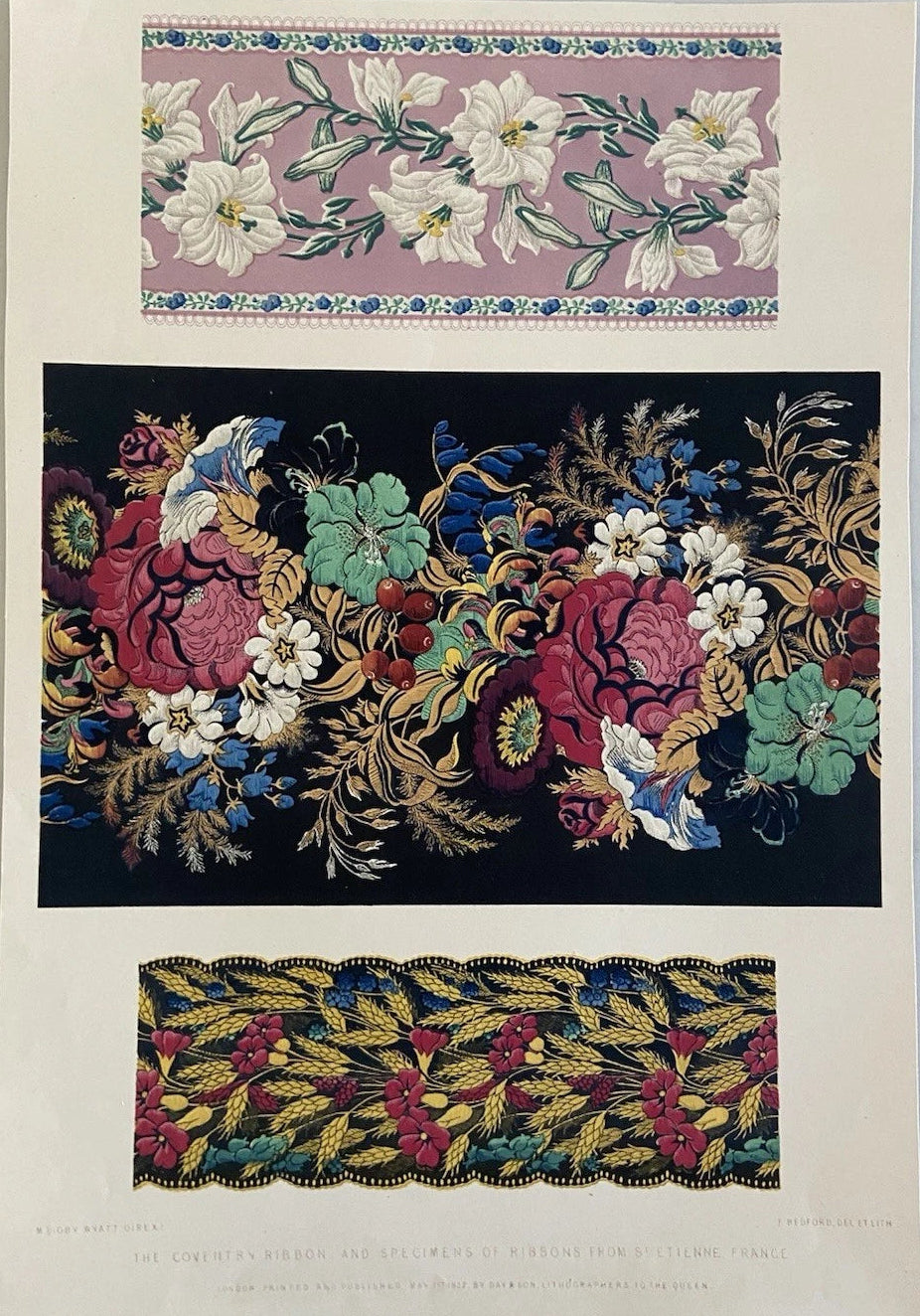 Antique Victorian Textile Print – 1852 Coventry Ribbon & French Ribbon Specimens