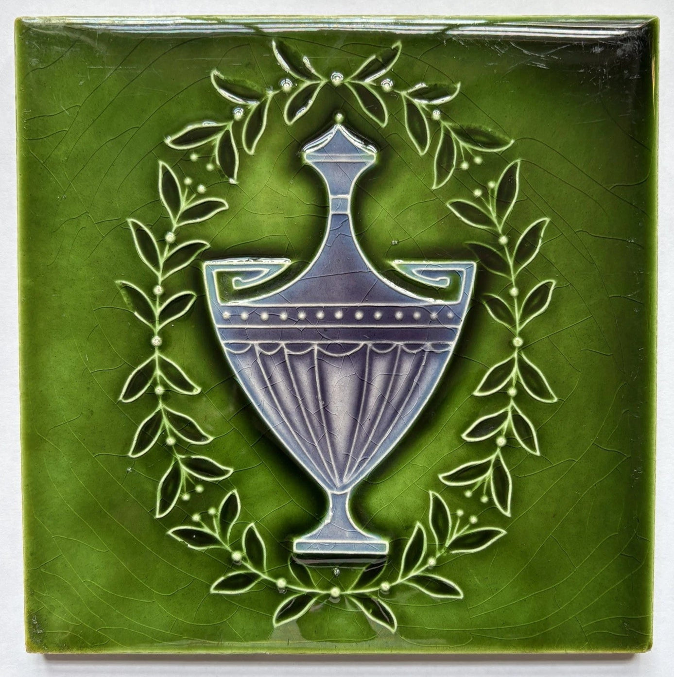 Antique Victorian Green Glazed Tile with Classical Urn Design