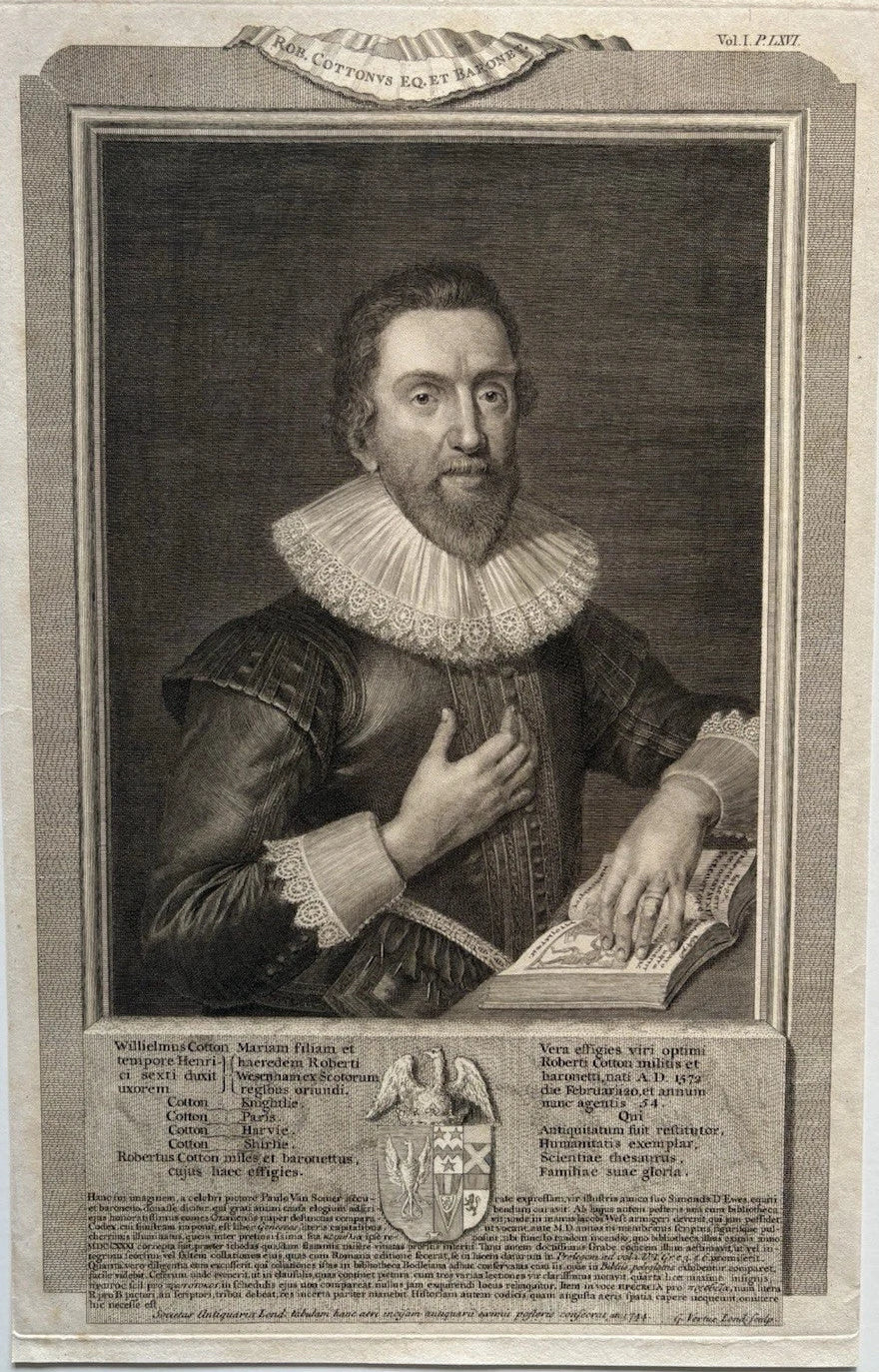 Antique Engraving Portrait of Sir Robert Cotton, Founder of Cotton Library 1744