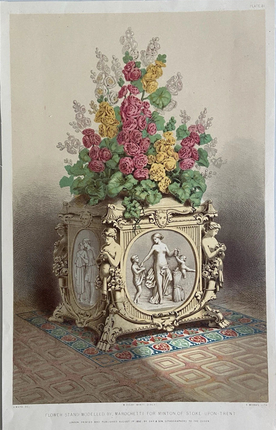 Antique Victorian Engraving 1852 Flower Stand Marochetti for Minton Stoke-on-Trent