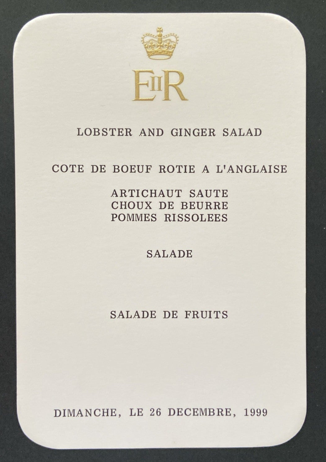 Royal Menu Queen Elizabeth ll Boxing Day Christmas Sunday, 26 December 1999
