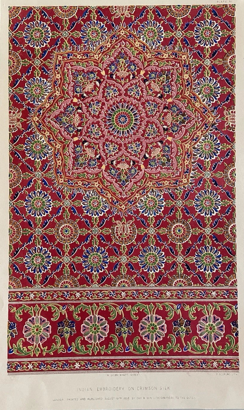 Antique 1852 Indian Embroidery on Crimson Silk Textile Design Print