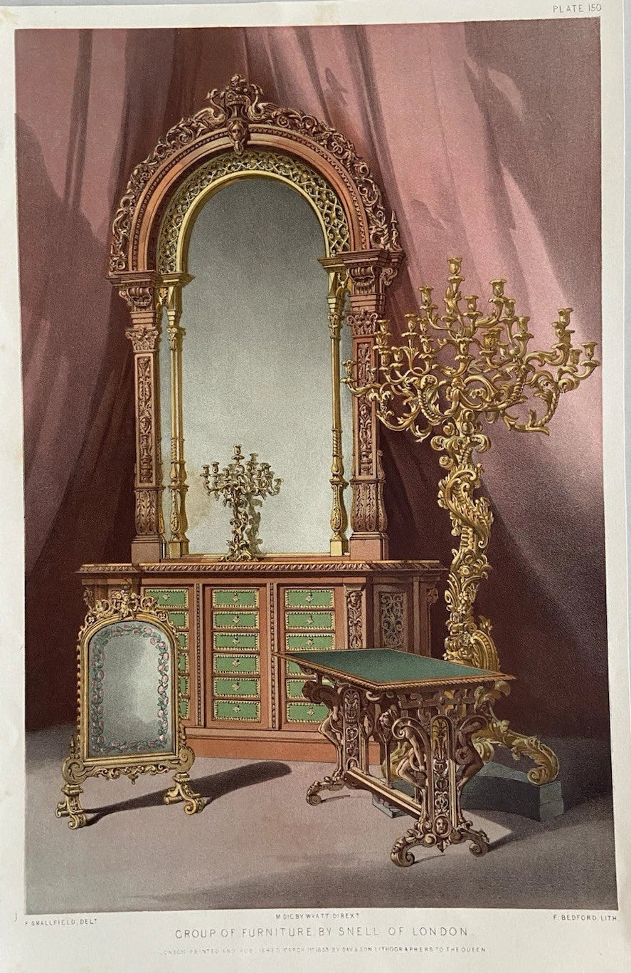 Antique Victorian Engraving Group of Furniture by Snell of London (1853)