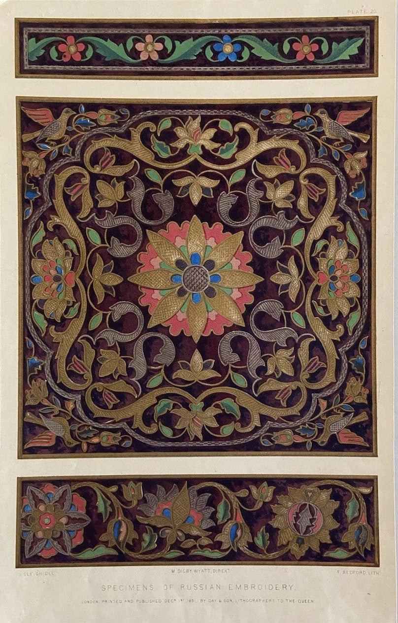 Antique 1851 Specimens of Russian Embroidery Textile Design Print