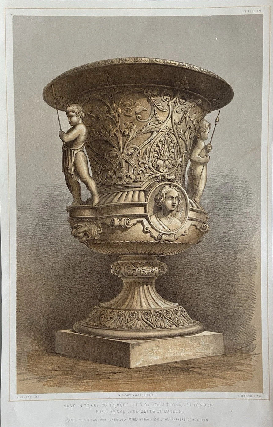 Antique Victorian Engraving Terracotta Vase by John Thomas for Edward Ladd Betts 1852