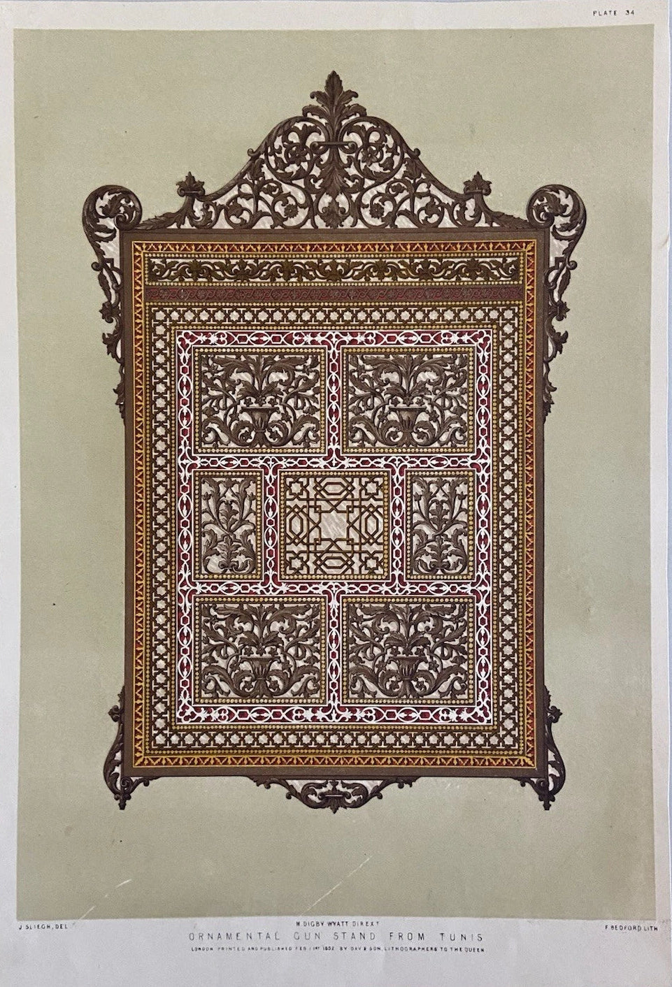 Antique Victorian Engraving Ornamental Gun Stand from Tunis 1852