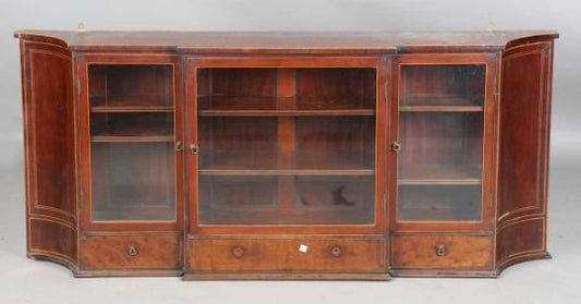 19th century mahogany and boxwood strung hanging display cabinet, fitted with four glazed doors