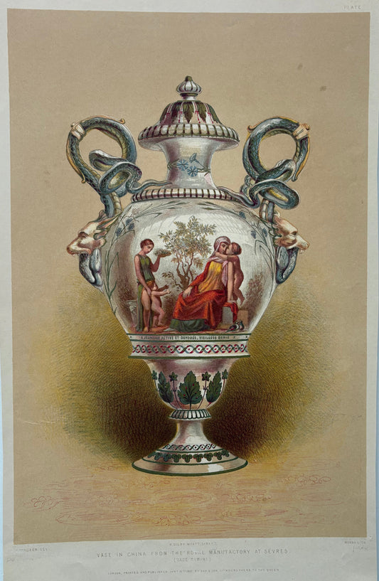 Antique Victorian Engraving, 1851 – Sèvres Porcelain Vase with Classical Painted Scene