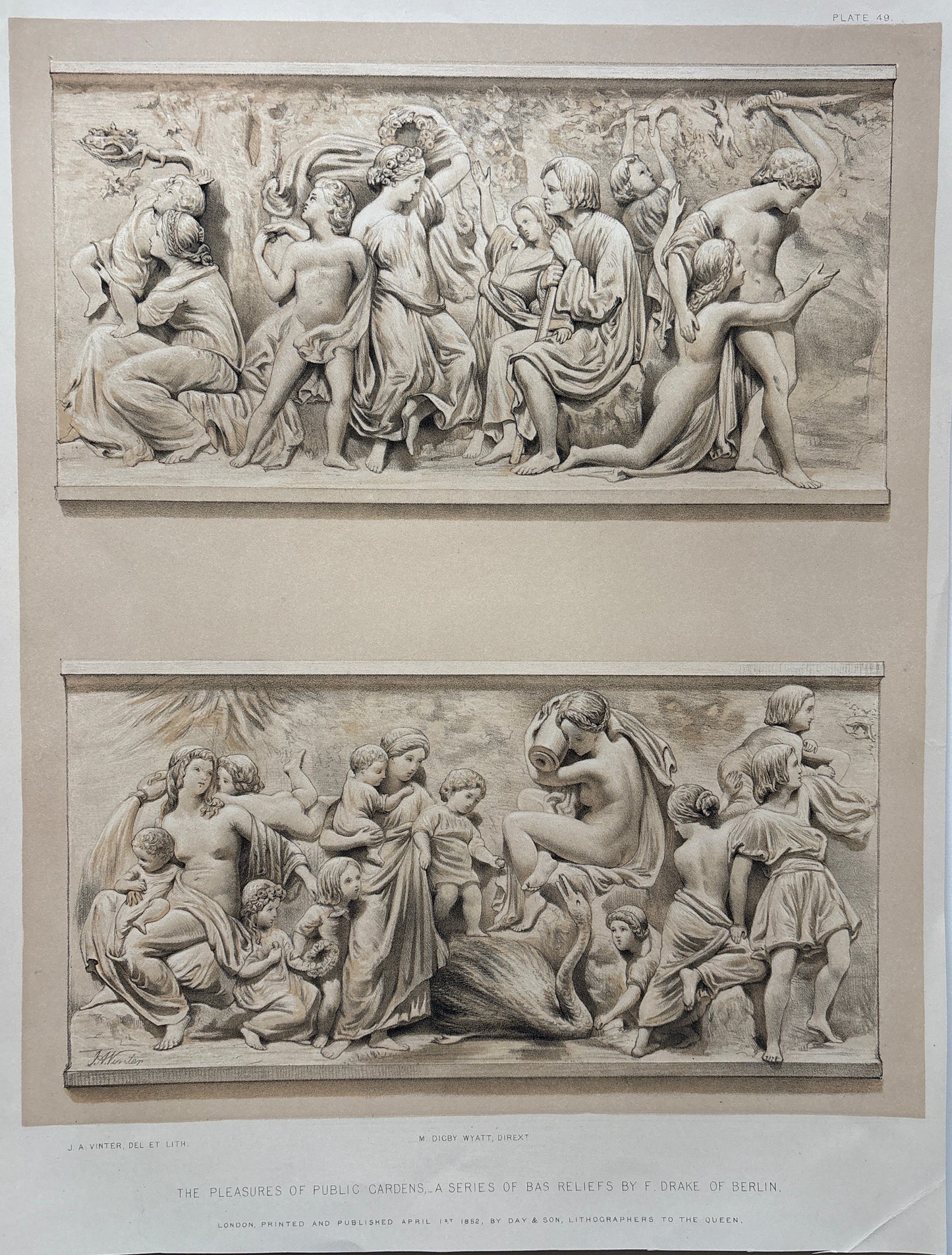 Antique Victorian Engraving, 1853 – F. Drake’s Berlin Bas-Reliefs ‘Pleasures of Public Gardens’