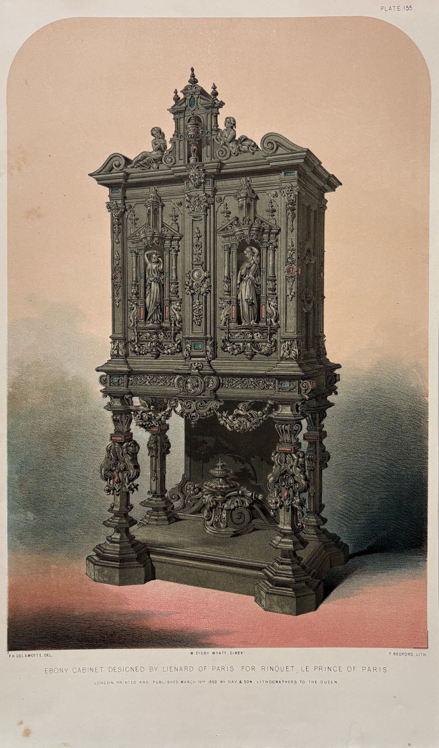 Antique Victorian Engraving, 1853 – Lienard of Paris Ebony Cabinet for Ringuet, Prince of Paris