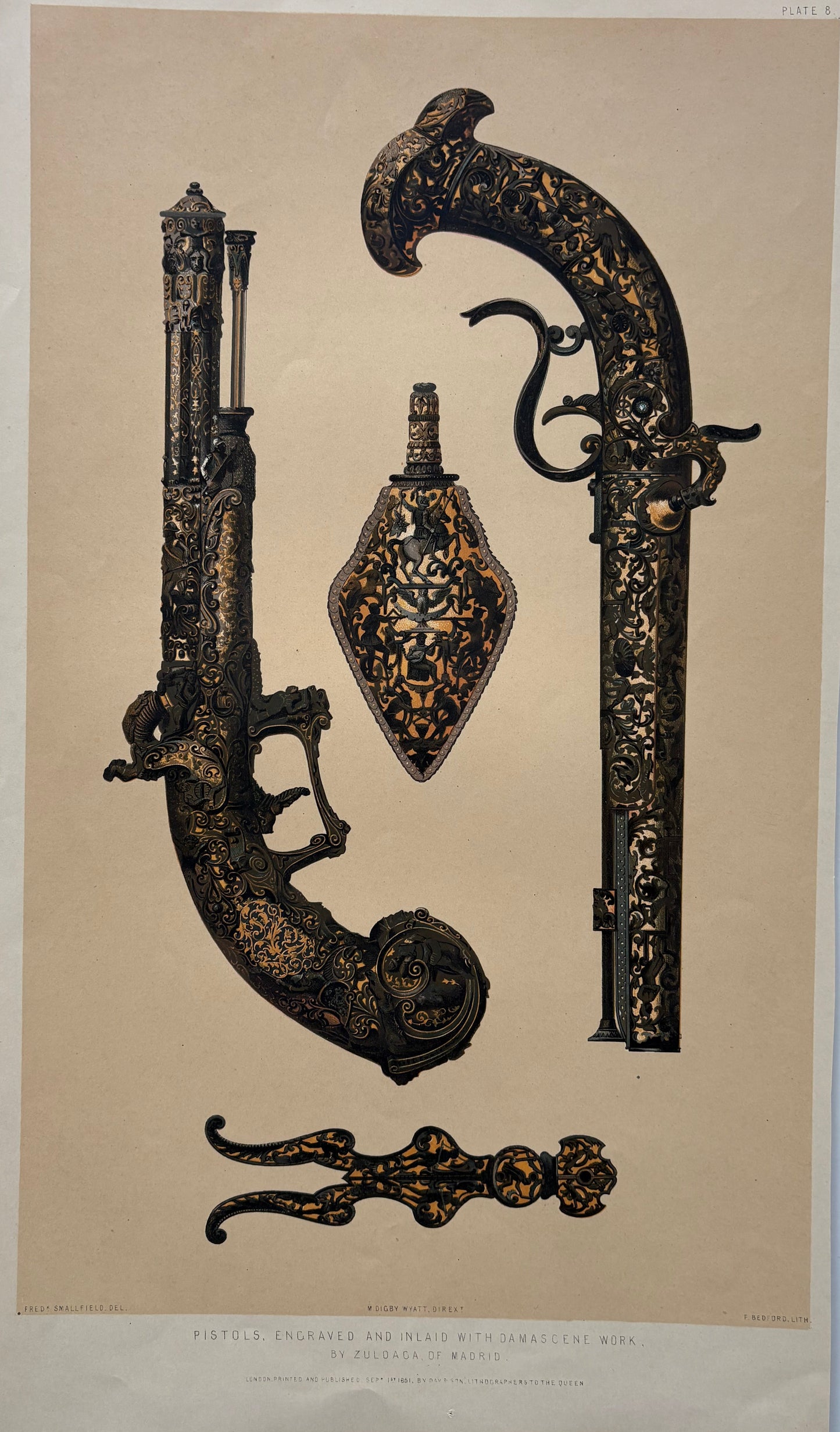 Antique Victorian Engraving, 1851 – Zuloaga of Madrid Damascened Pistols and Ornamental Work