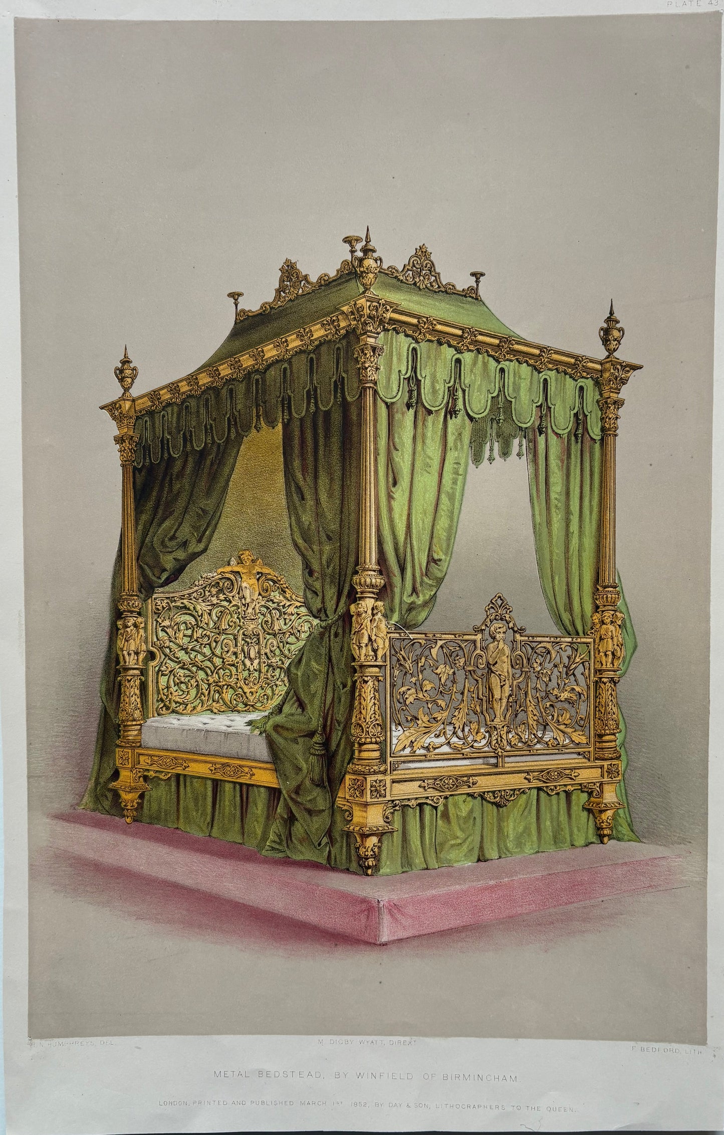 Antique Victorian Engraving, 1851 – Ornate Winfield of Birmingham Metal Canopy Bedstead