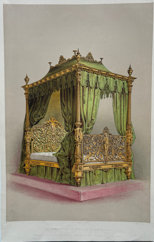 Antique Victorian Engraving, 1851 – Ornate Winfield of Birmingham Metal Canopy Bedstead