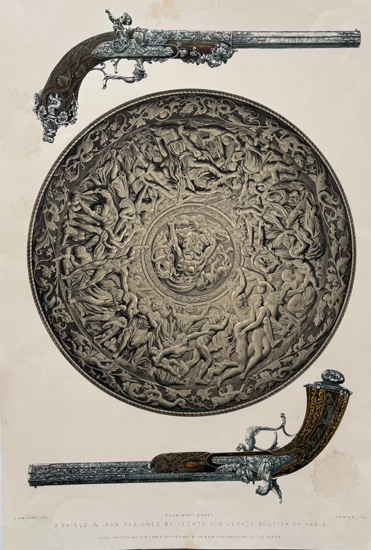 Antique Victorian Engraving, 1852  – Vechte’s Paris Iron Shield with Ornate Mythological Reliefs