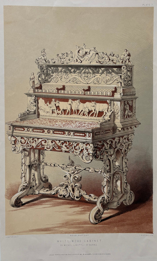 Antique Victorian Engraving, 1851 – Michel L’Ettli of Berne Ornate White Wood Carved Cabinet