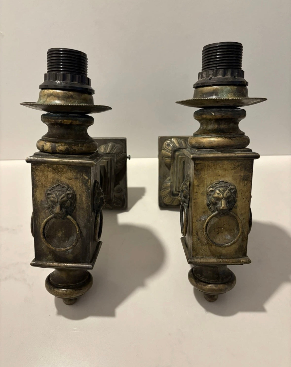 Pair of Antique Victorian Brass Wall Sconces with Lion Mask Ring Mounts c.1890