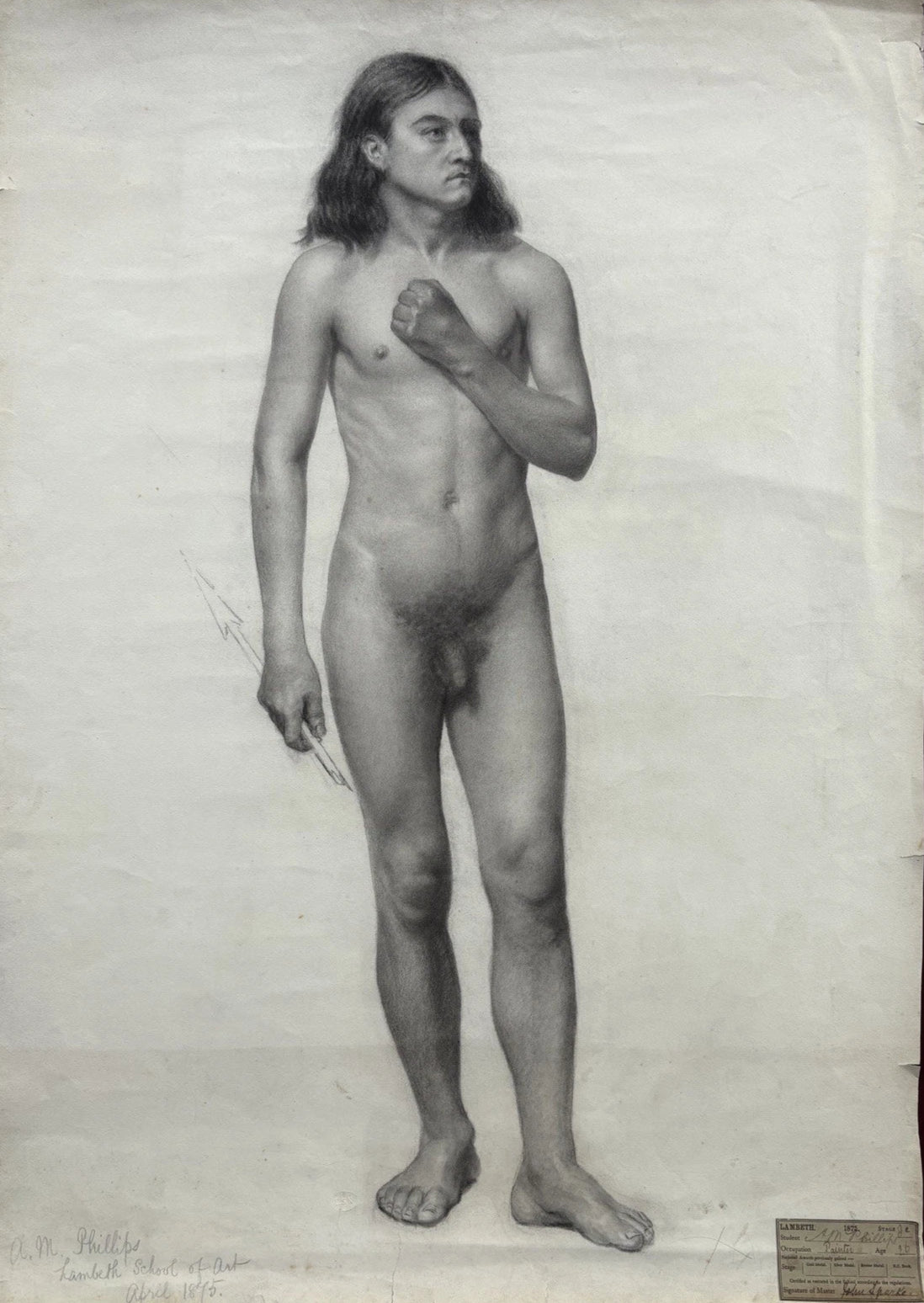 Antique Academic Still Life Male Figure Drawing