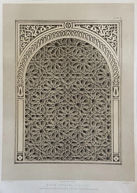 Antique architectural Victorian Engraving  Window Ornament from Tunis (1851)