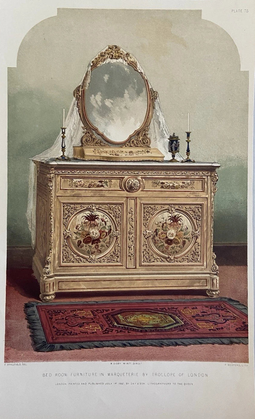 Antique Victorian Engraving Bedroom  Furniture in Marqueterie by Trollope of London 1852