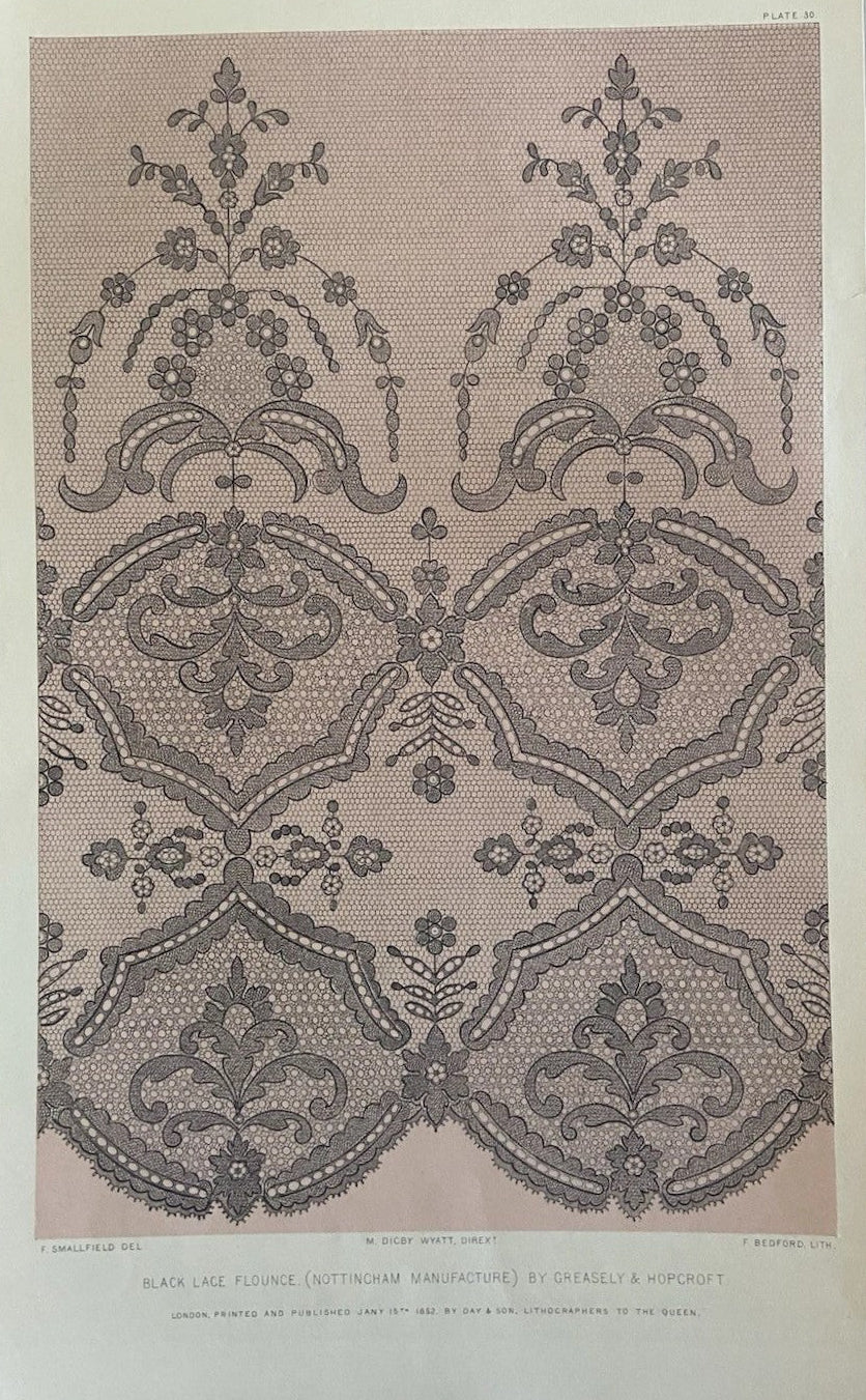 Antique Victorian Textile Print  1852 – Black Lace Flounce by Greasely & Hopcroft