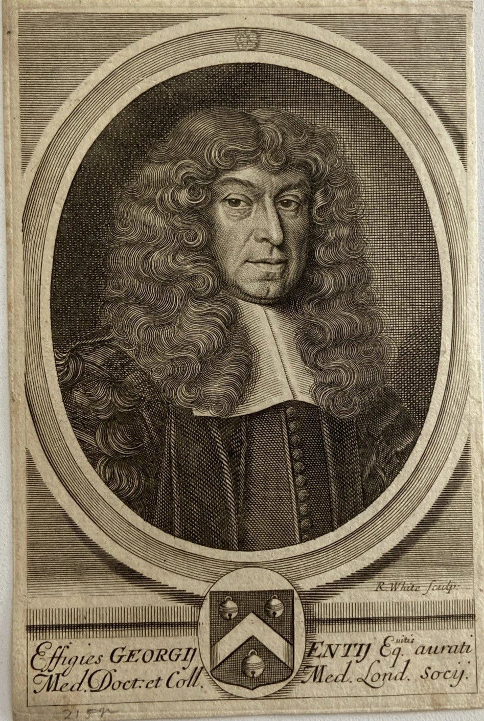 Antique Engraving of Sir George Ent English Physician & Anatomist by Robert White