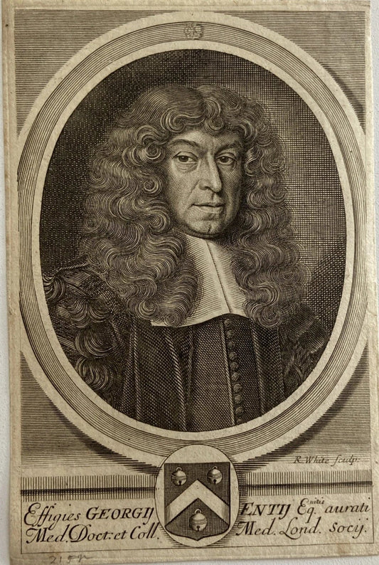 Antique Engraving of Sir George Ent English Physician & Anatomist by Robert White