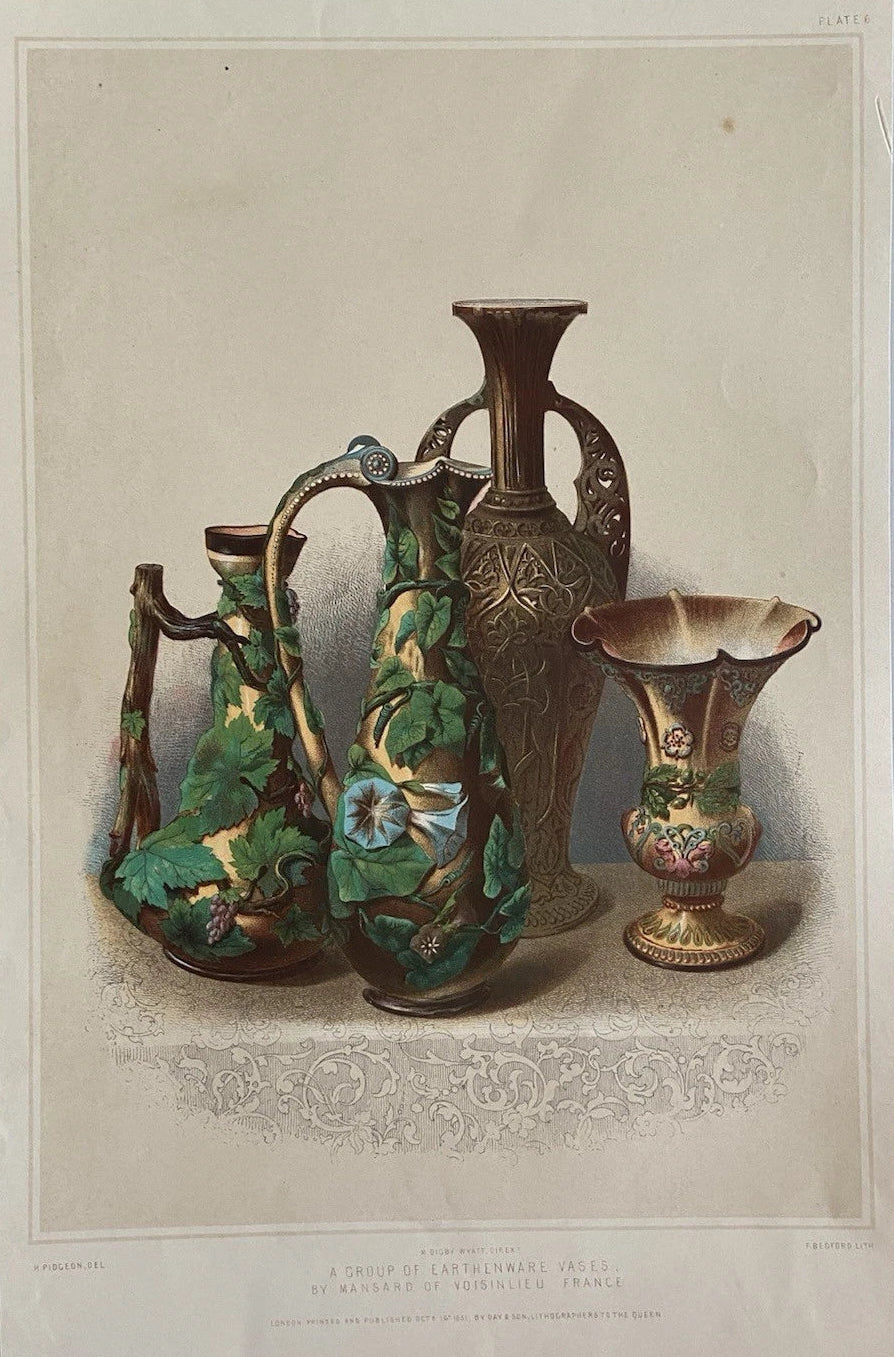 Antique Victorian Engraving  Earthenware Vases by Mansard of Voisinlieu, France 1851