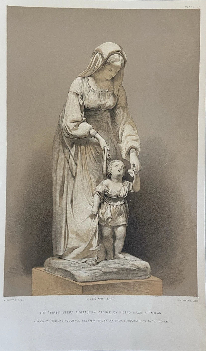 Antique Victorian Engraving  the First Step,” Marble Statue by Pietro Magni of Milan 1852