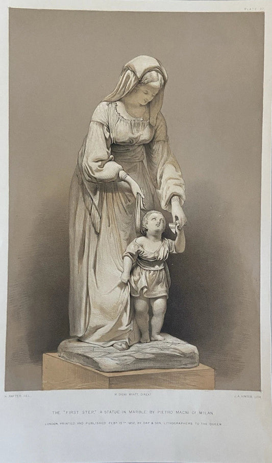 Antique Victorian Engraving  the First Step,” Marble Statue by Pietro Magni of Milan 1852