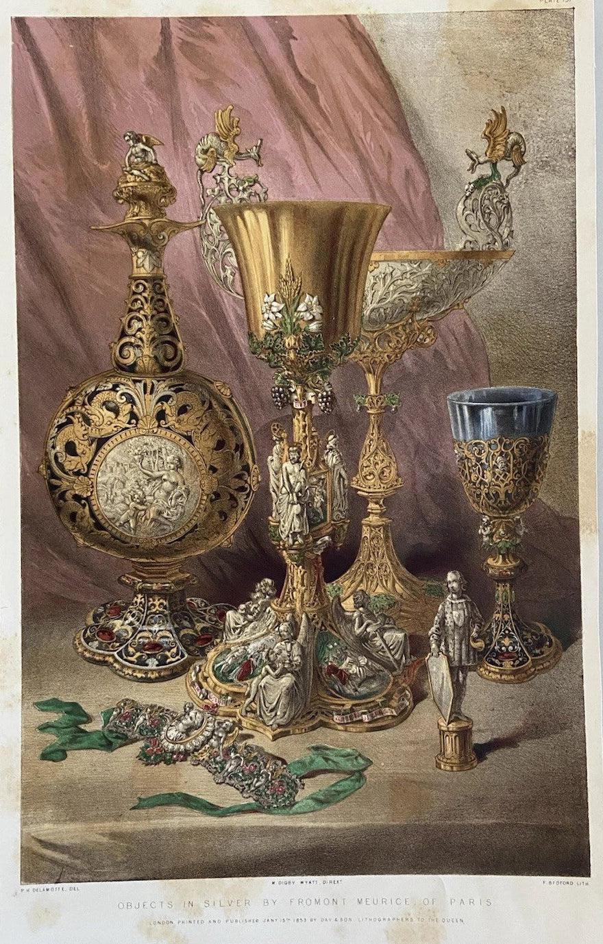 Antique Victorian Engraving 1853 Silver Objects by Froment Meurice of Paris