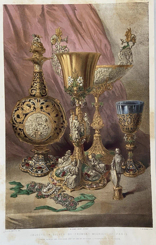 Antique Victorian Engraving 1853 Silver Objects by Froment Meurice of Paris