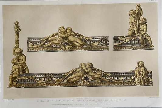 Antique Victorian Engraving  Ornamental Stove & Fender by Stuart 1852