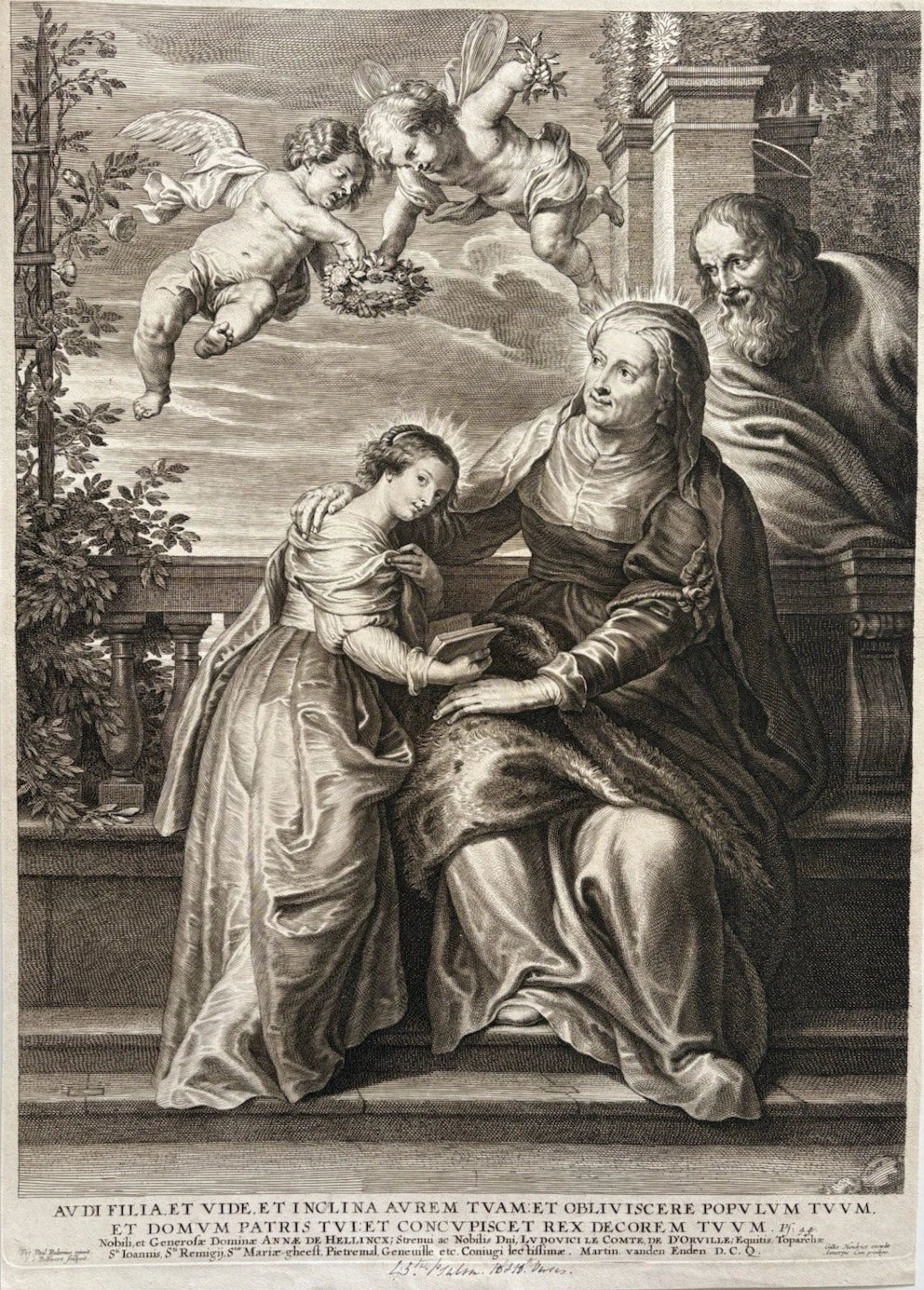 Antique Religious Engraving 1630 Education of the Virgin Mary & Saint Anne