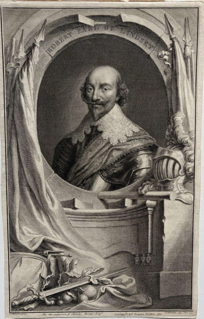 Antique Engraved Robert Bertie, 1st Earl of Lindsey English peer, naval officer 1742
