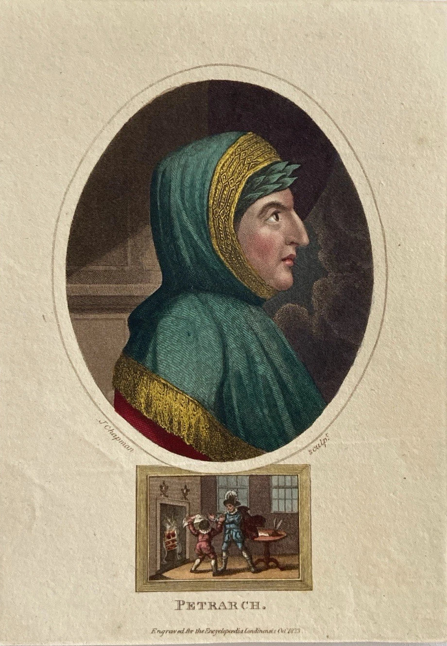 Antique Hand-Coloured Engraving – Petrarch Great Renaissance Poet Scholar 1823