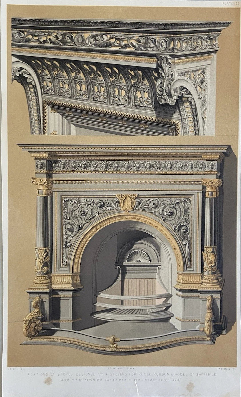 Antique Victorian Engraving Stove Ornate Fireplace by A. Stevens 1852