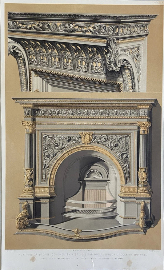 Antique Victorian Engraving Stove Ornate Fireplace by A. Stevens 1852