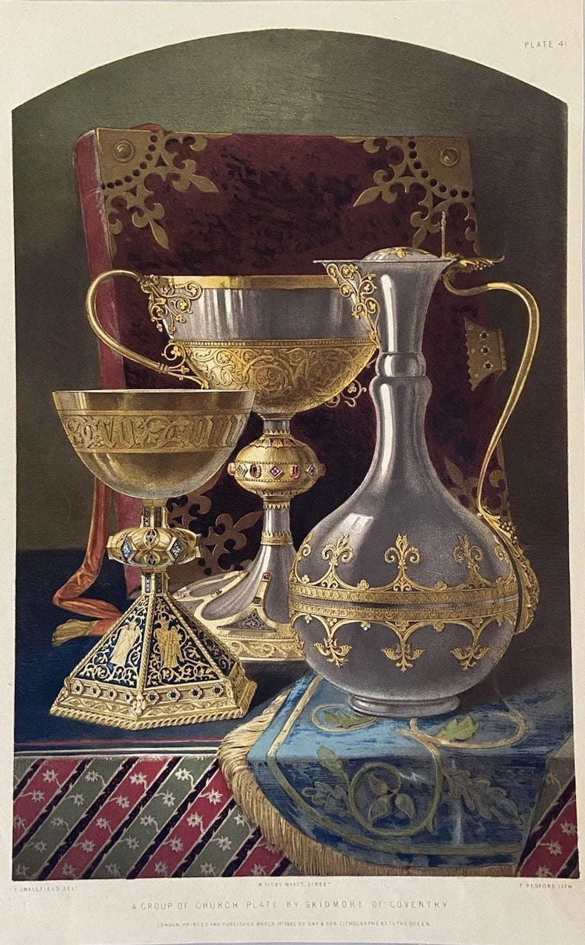 Antique Victorian Engravings 1852 Church Plate with gold details by Skidmore of Coventry