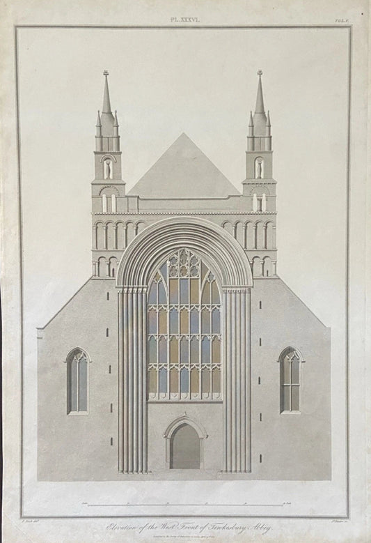 Antique Architectural Engraving West Front of Tewkesbury Abbey