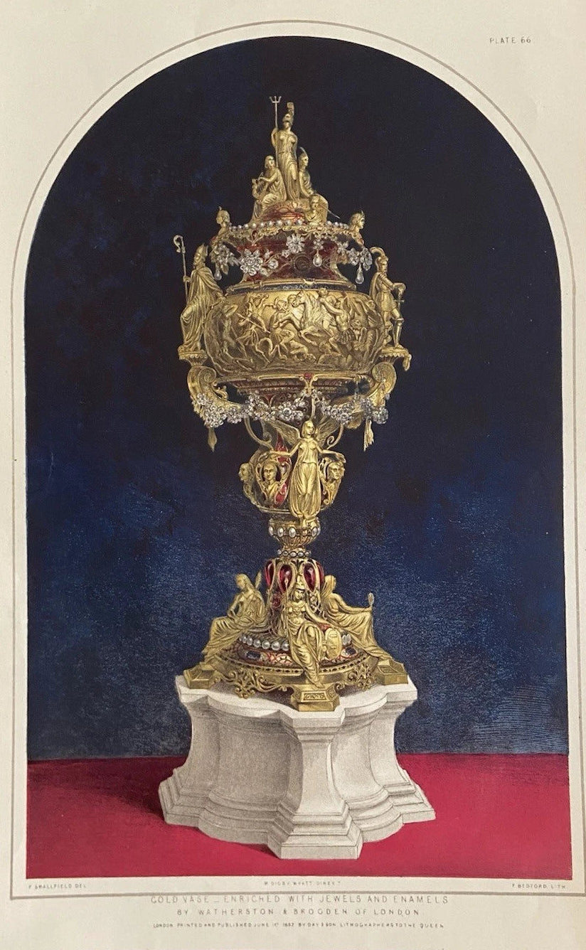 Antique Victorian Engraving Gold Vase Enriched with Jewels and Enamels 1852