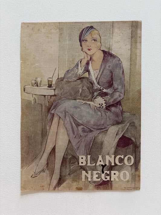 Antique Art Deco Café Scene – Blanco y Negro Magazine Cover, Contemplative Woman