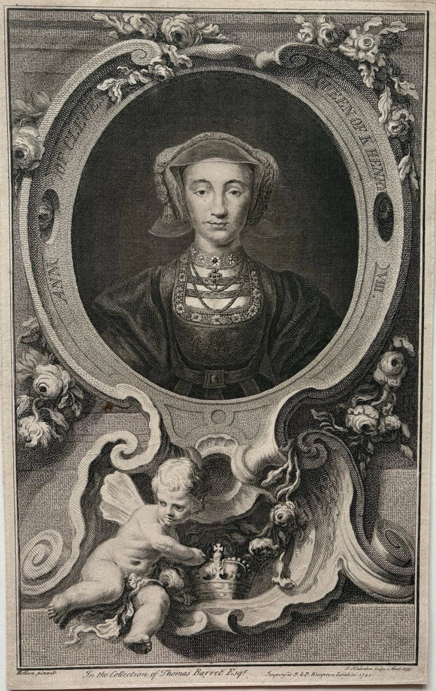 1739 Antique Engraving of Queen Anne of Cleves, Wife of King Henry VIII, Tudor Queen