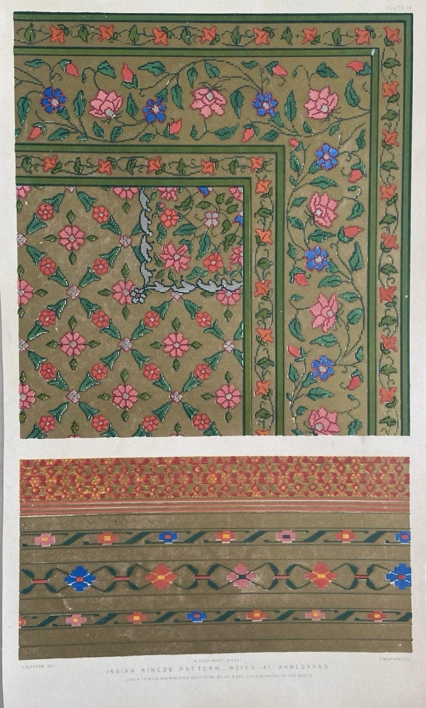 Antique Victorian Textile Print – 1851 Indian Kincob Pattern Woven at Ahmedabad