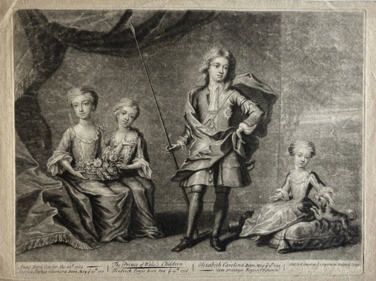Antique Mezzotint engraving Prince of Wales’s Children 1720 Royal Portrait