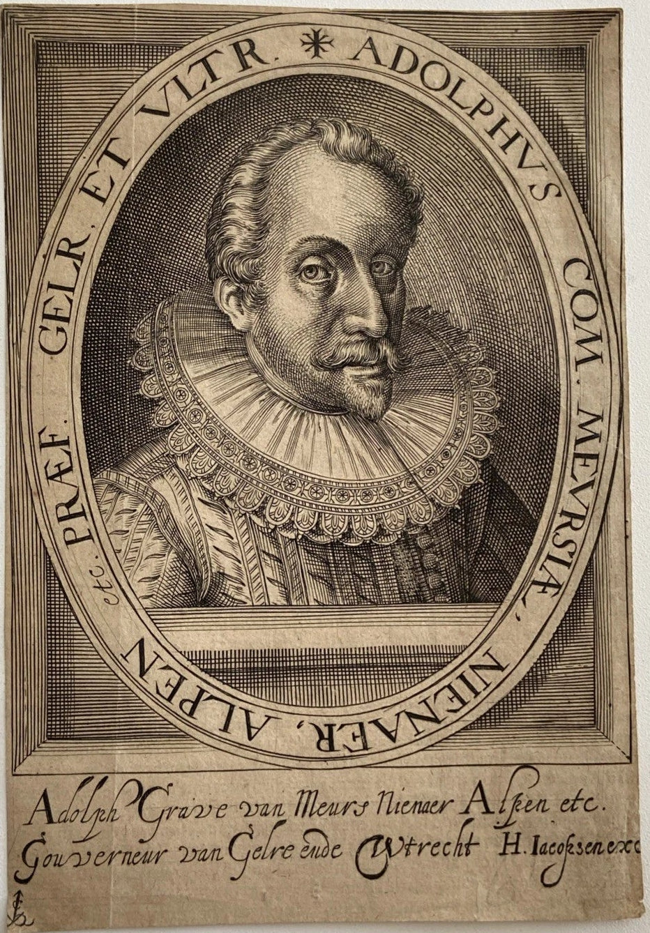 Antique Engraving of Adolph, Count of Meurs, Nieuenaar, and Alpen, a prominent nobleman and Governor of Gelderland and Utrecht during the Dutch Revolt