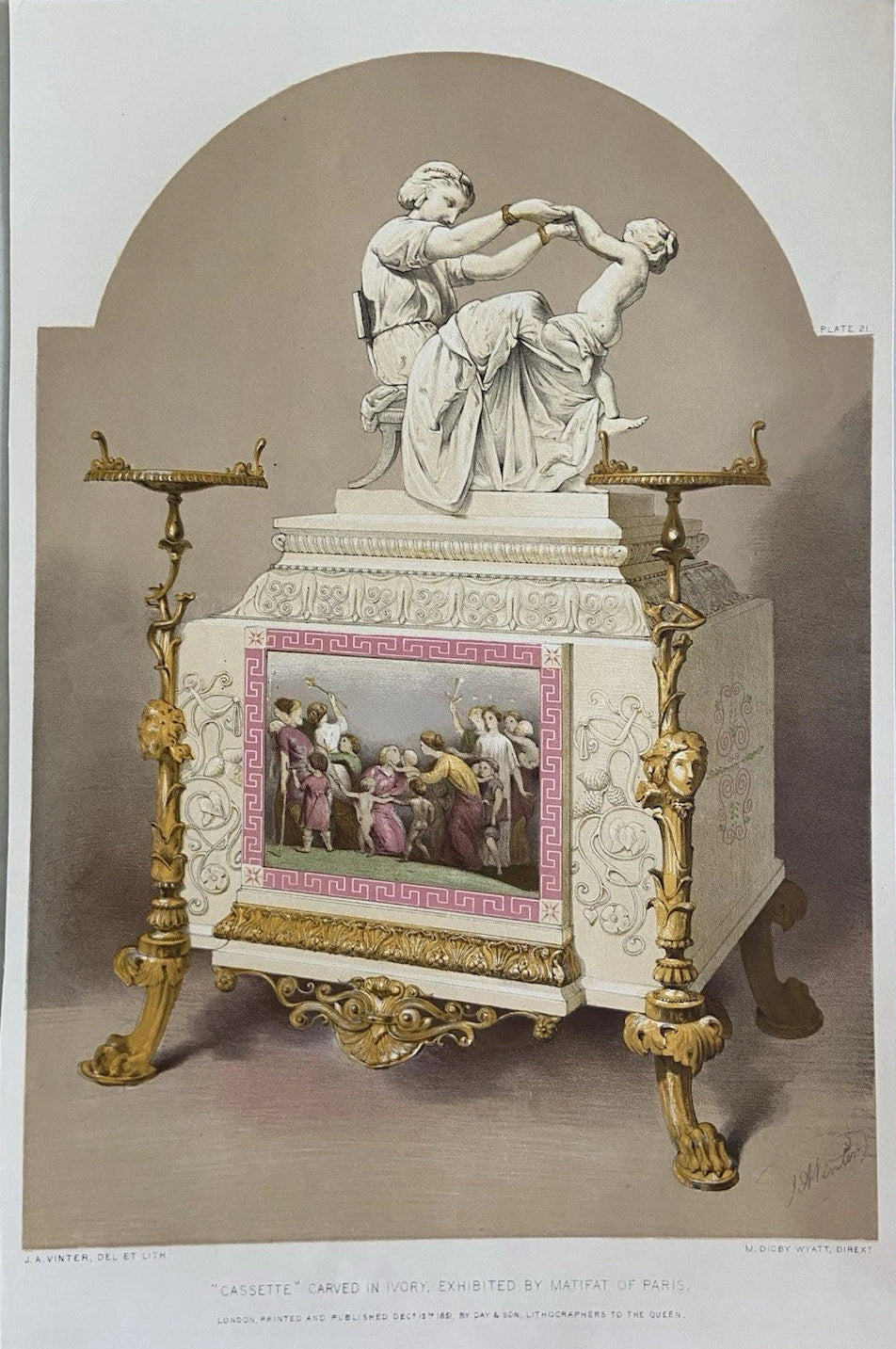 Antique Victorian Engraving  Ivory Casket with sculpture by Matifat of Paris 1851
