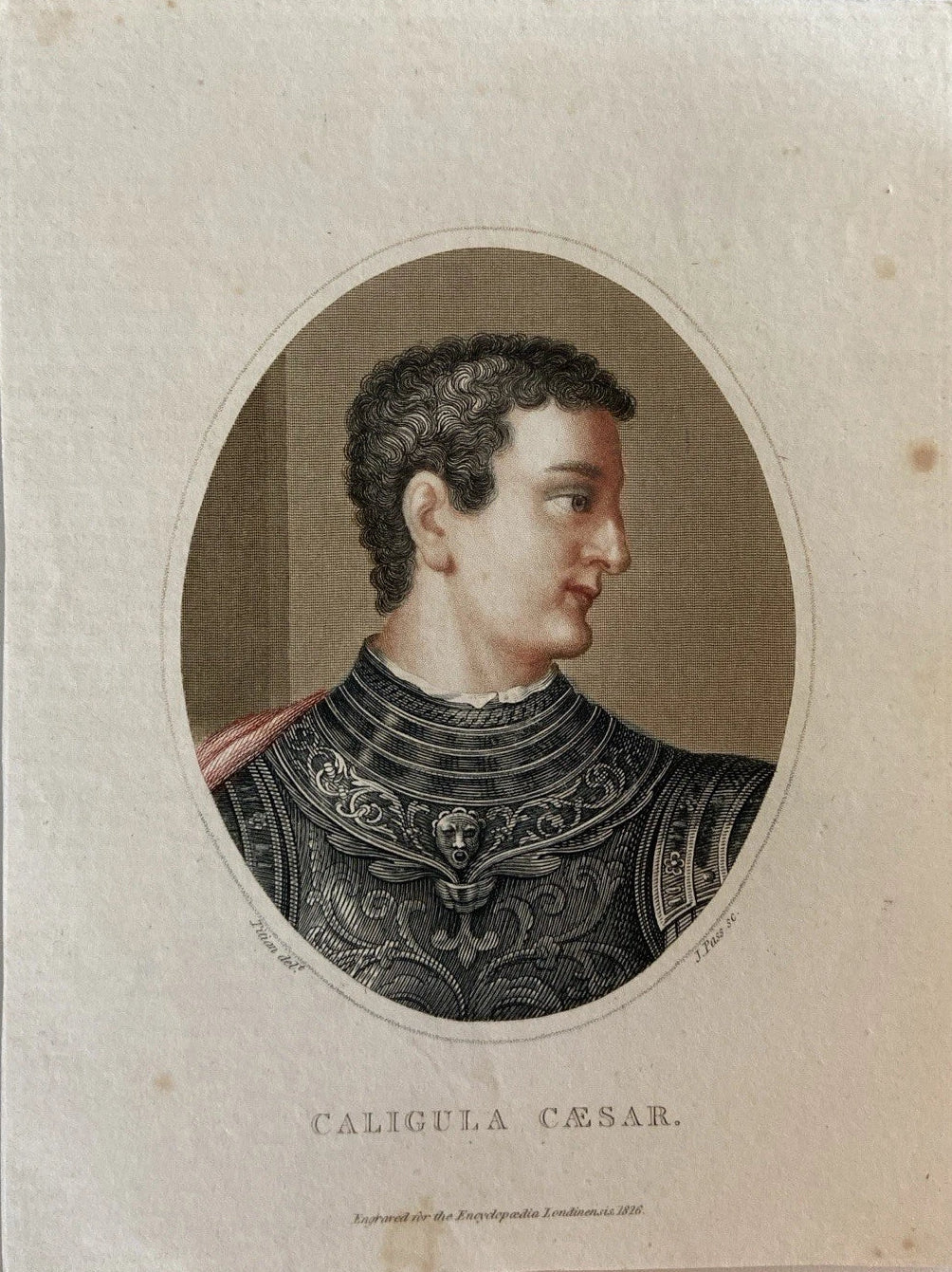 Antique Hand-Coloured Engraving – Emperor Caligula Caesar of Rome – 1826