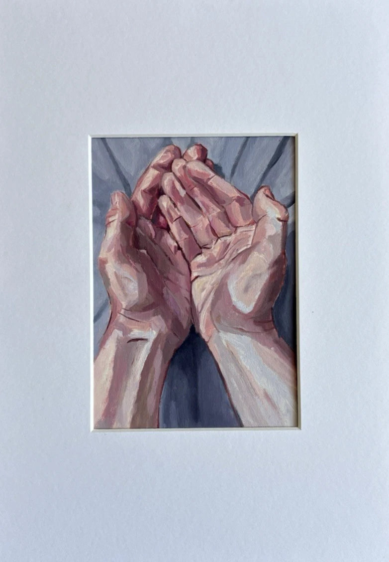 Figurative hands study oil painting on paper in antique frame by Drew Thomson