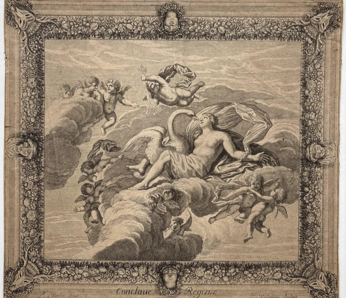 Antique Engraving Greek myth of Leda Queen of Sparta & Swan Jupiter (Zeus) 1675